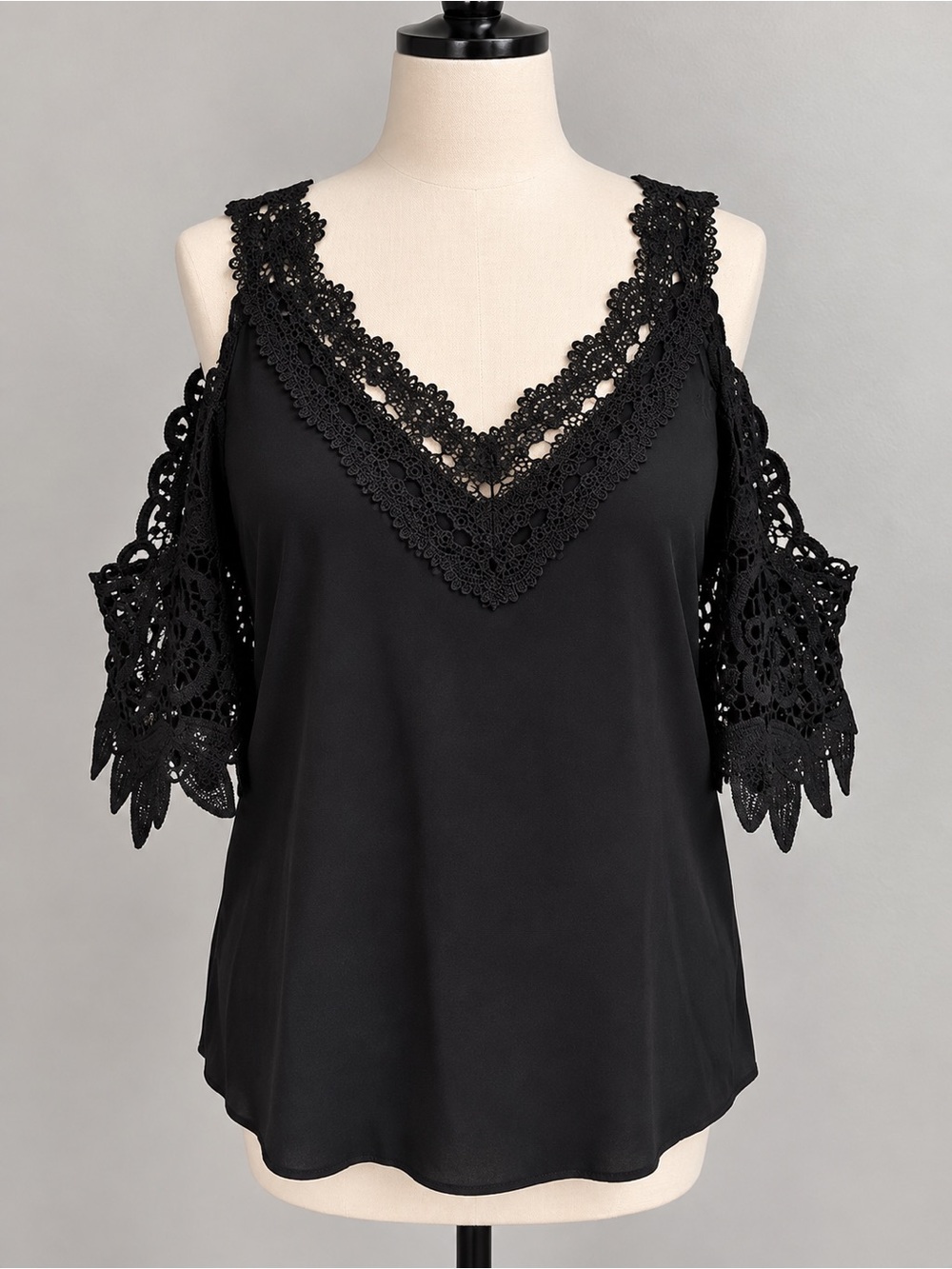 Black Lace Cold-Shoulder V-Neck Women's Top